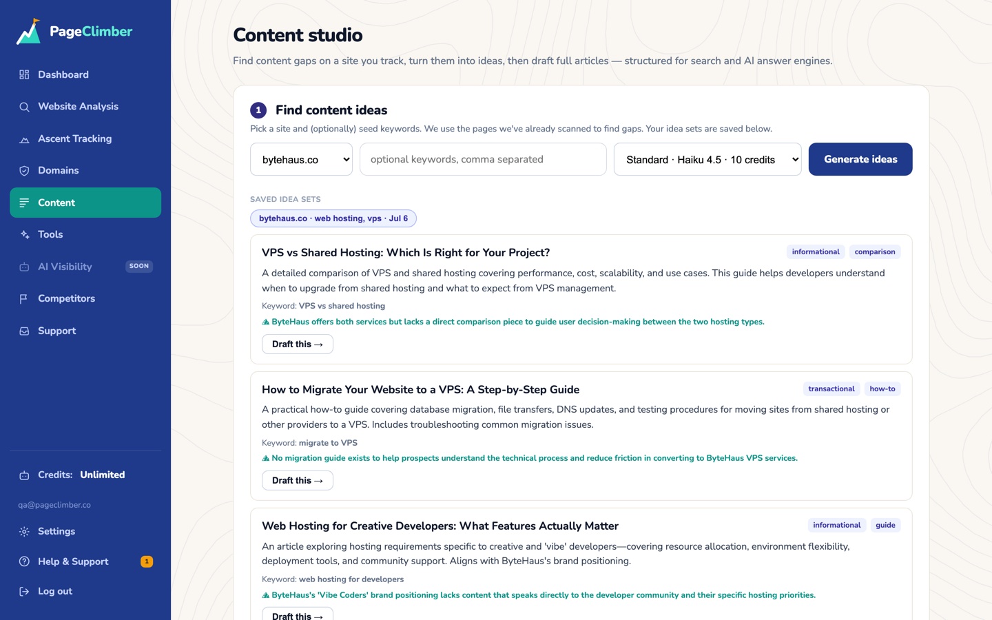 PageClimber content page generating AI content ideas and article drafts