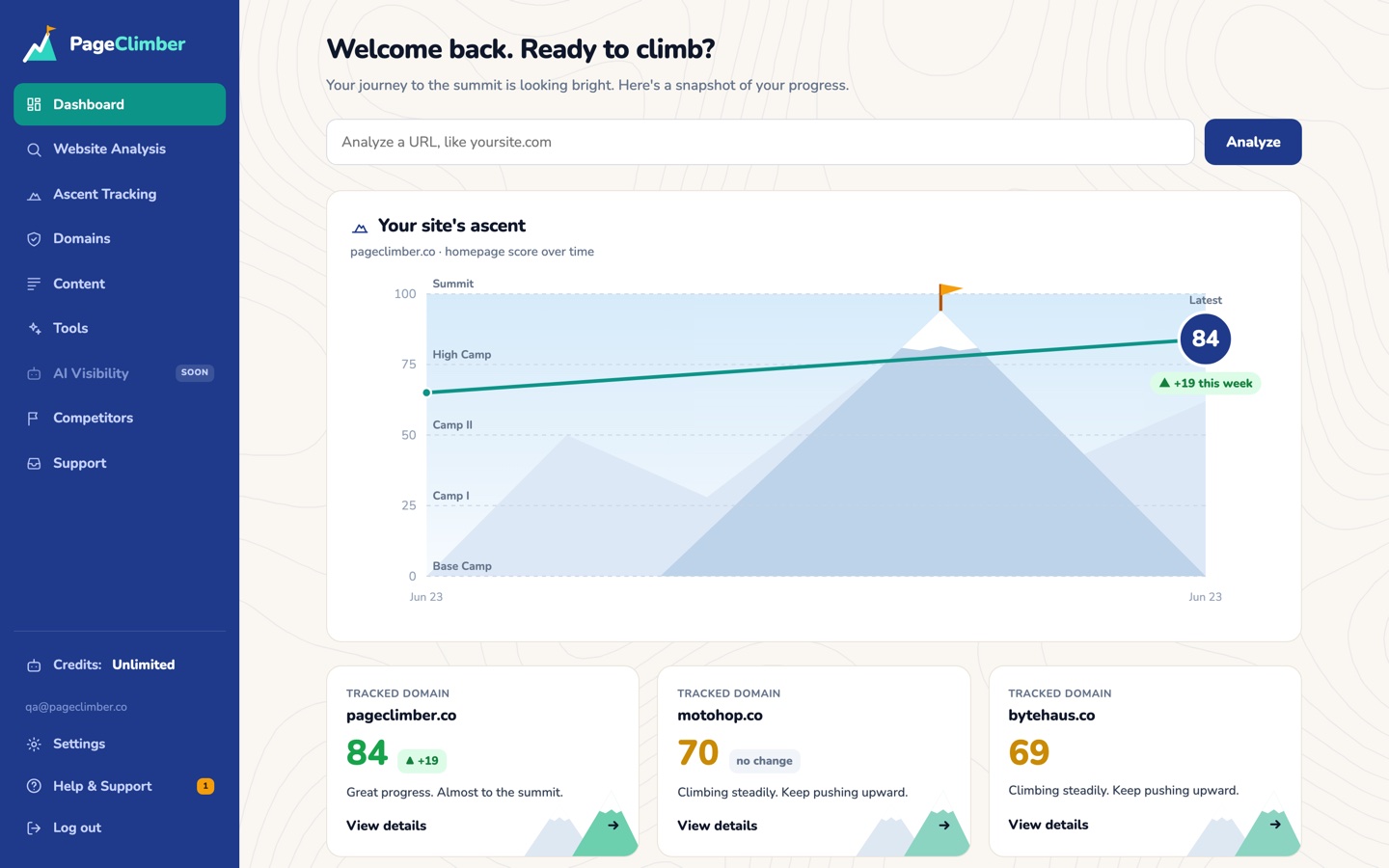PageClimber dashboard with an ascent chart climbing toward a summit flag and tracked domain cards with scores