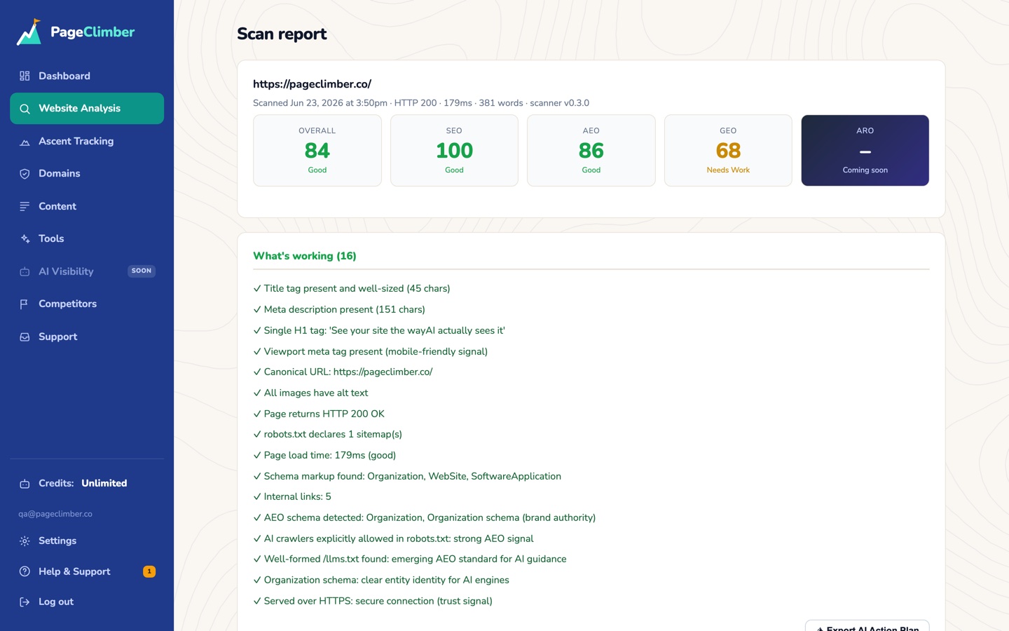 PageClimber scan report showing Overall 84, SEO 100, AEO 86, GEO 68 score cards and a list of passing checks