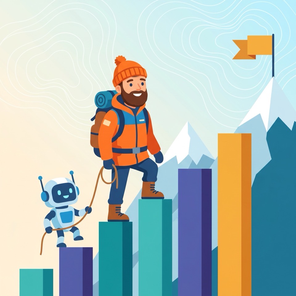 A climber and SherpaBot roped together, ascending a mountain of chart bars toward a summit flag